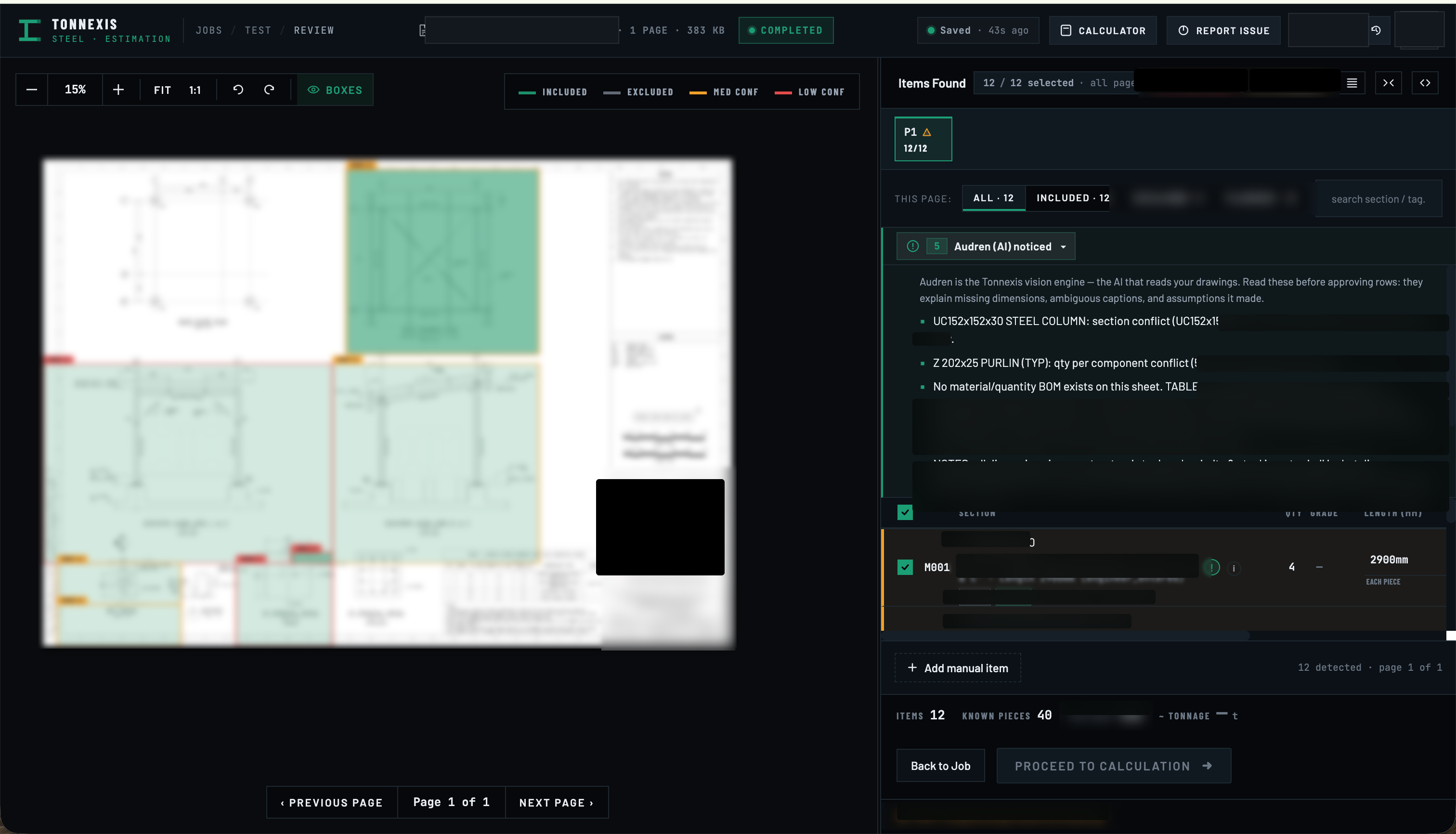Tonnexis review screen showing a steel drawing with detected members, confidence flags, and an itemized section table